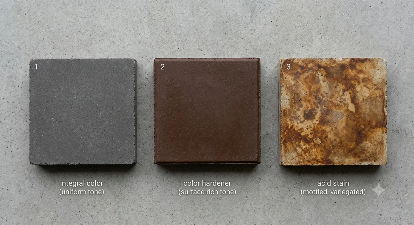 Comparison of integral color, color hardener, and acid-stained concrete samples