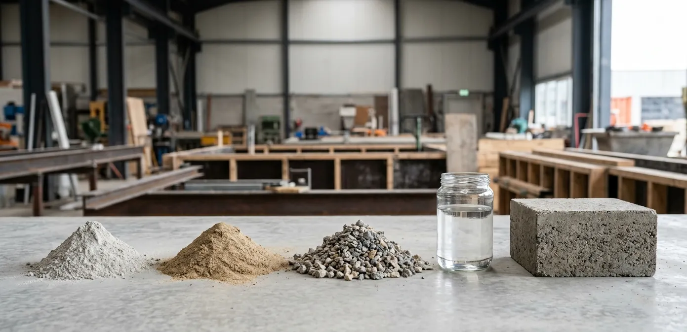 Concrete construction materials including cement, sand, aggregate, water, and finished concrete