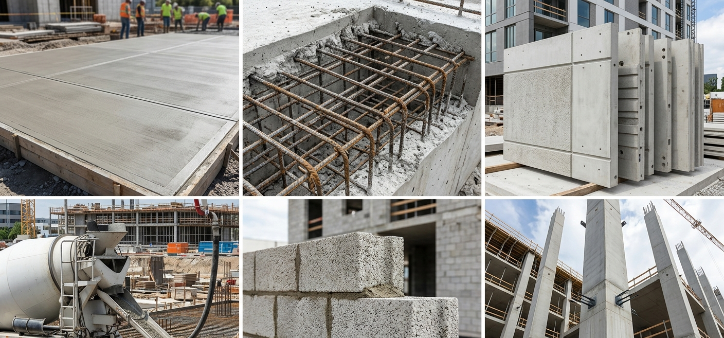 Different types of concrete construction material including plain concrete, reinforced concrete, precast concrete, ready-mix concrete, lightweight concrete, and high-strength concrete
