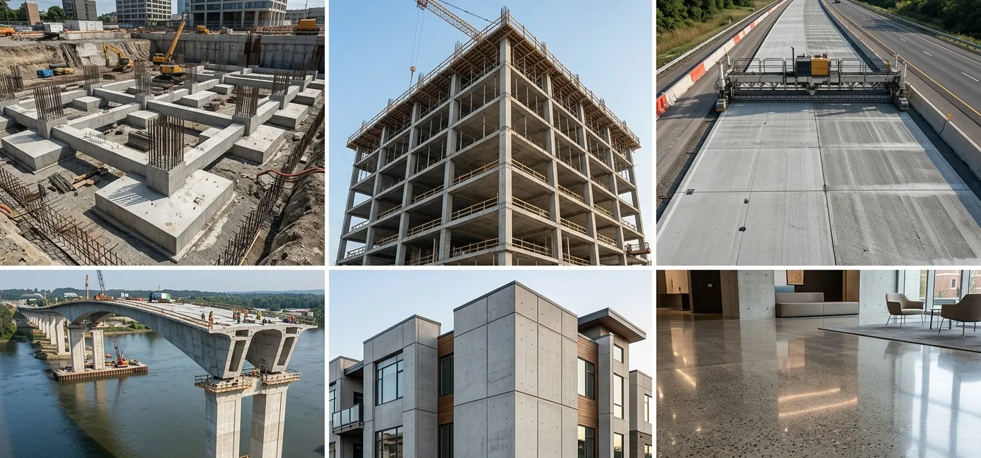 Applications of concrete construction material in foundations, structural frames, pavements, bridges, precast elements, and decorative flooring