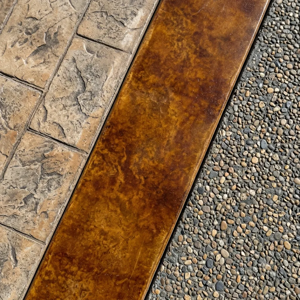 Close-up of colored and stamped decorative concrete finish samples