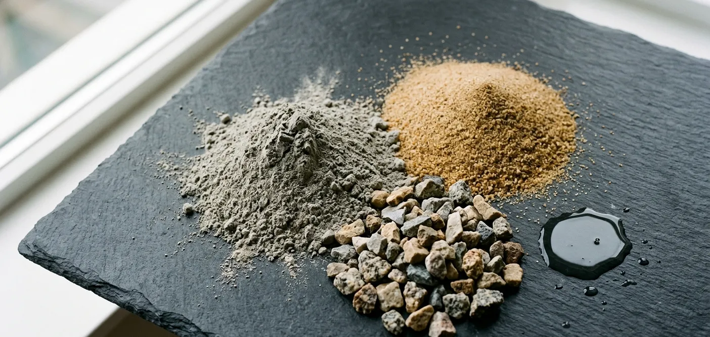 A black slate board with sand, gravel, and cement, highlighting the basic ingredients for creating concrete mixtures.