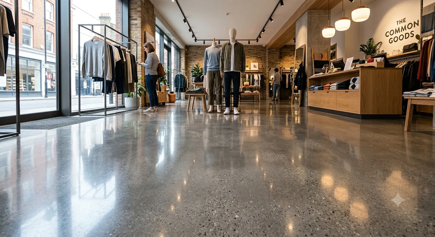 Polished concrete floor finish with glossy reflective sheen in a modern interior