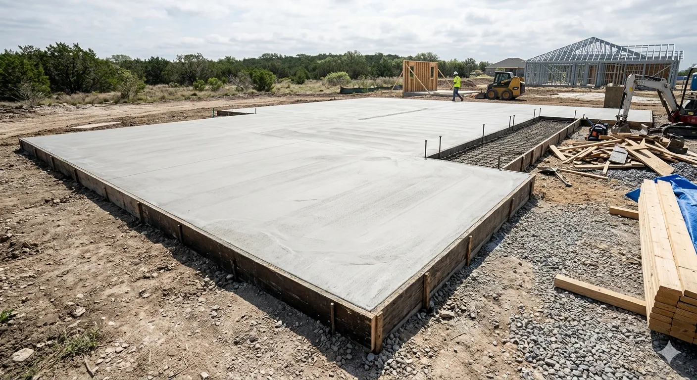 Finished ready mix concrete slab foundation on construction site