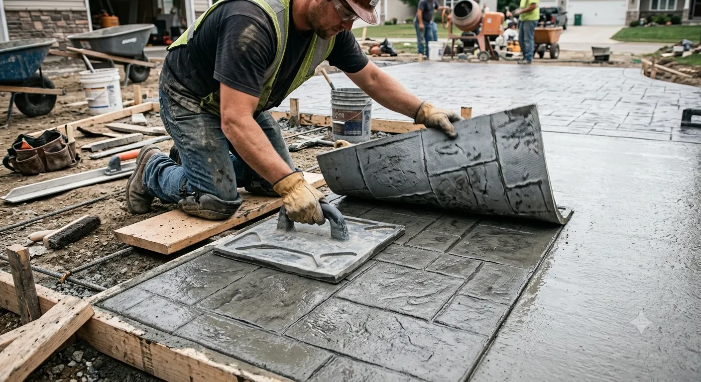 Contractor pressing a stamp mat into wet color-hardened concrete to create a stone pattern