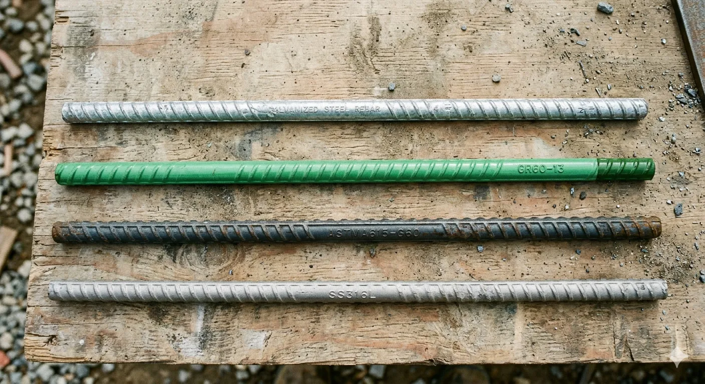 Carbon steel, epoxy-coated, and galvanized rebar types compared side by side