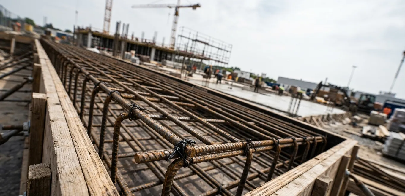Steel rebar grid tied inside formwork before a reinforced concrete pour