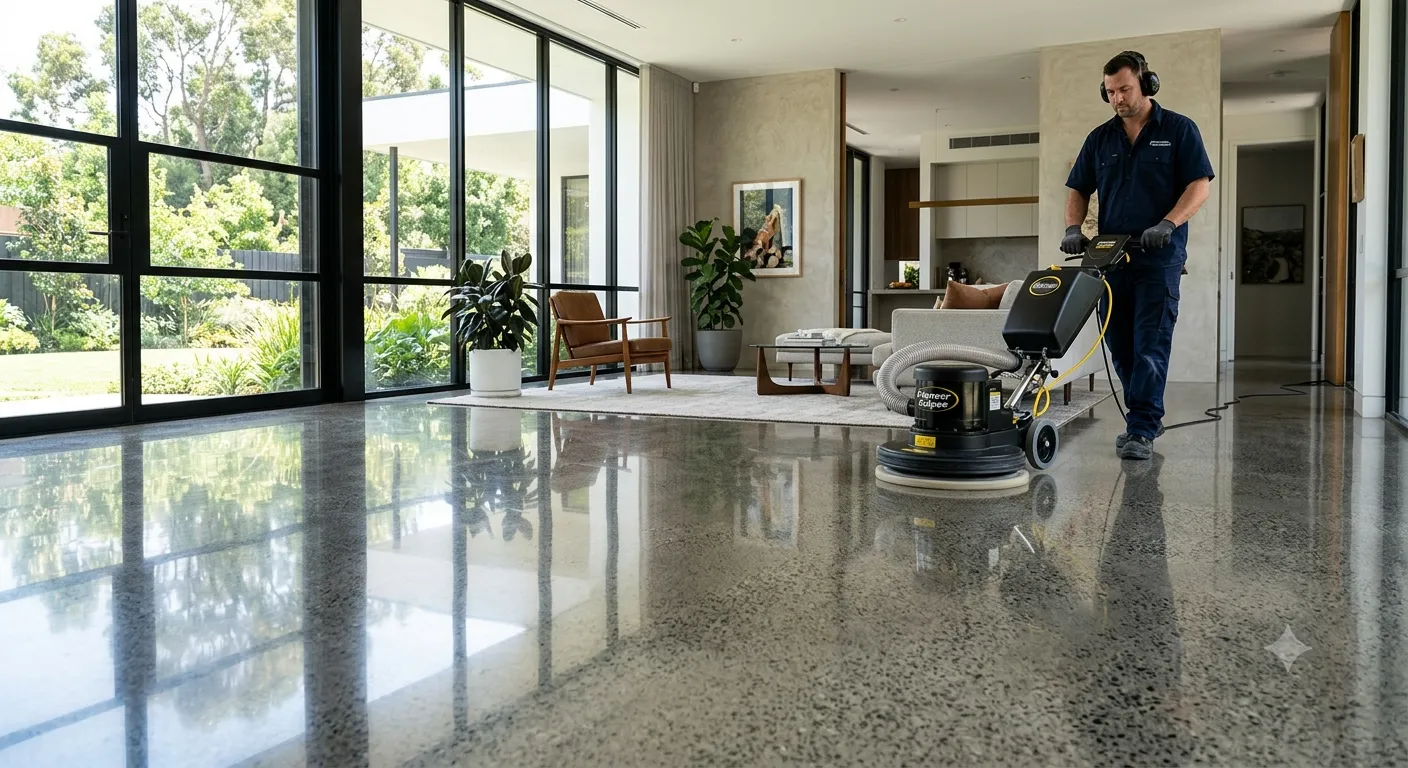 Cleaning and polishing decorative concrete floors to restore shine and protect the finished surface