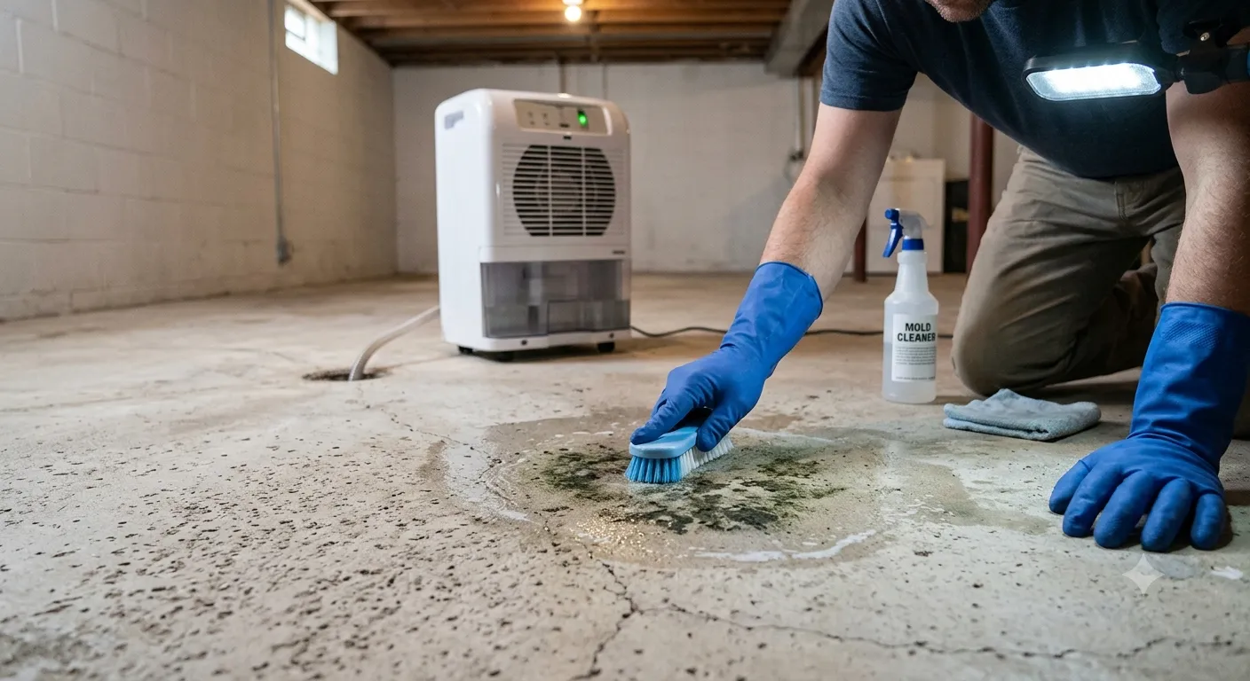 Removing mold from an unfinished concrete basement floor using a nylon scrub brush and concrete-safe cleaner