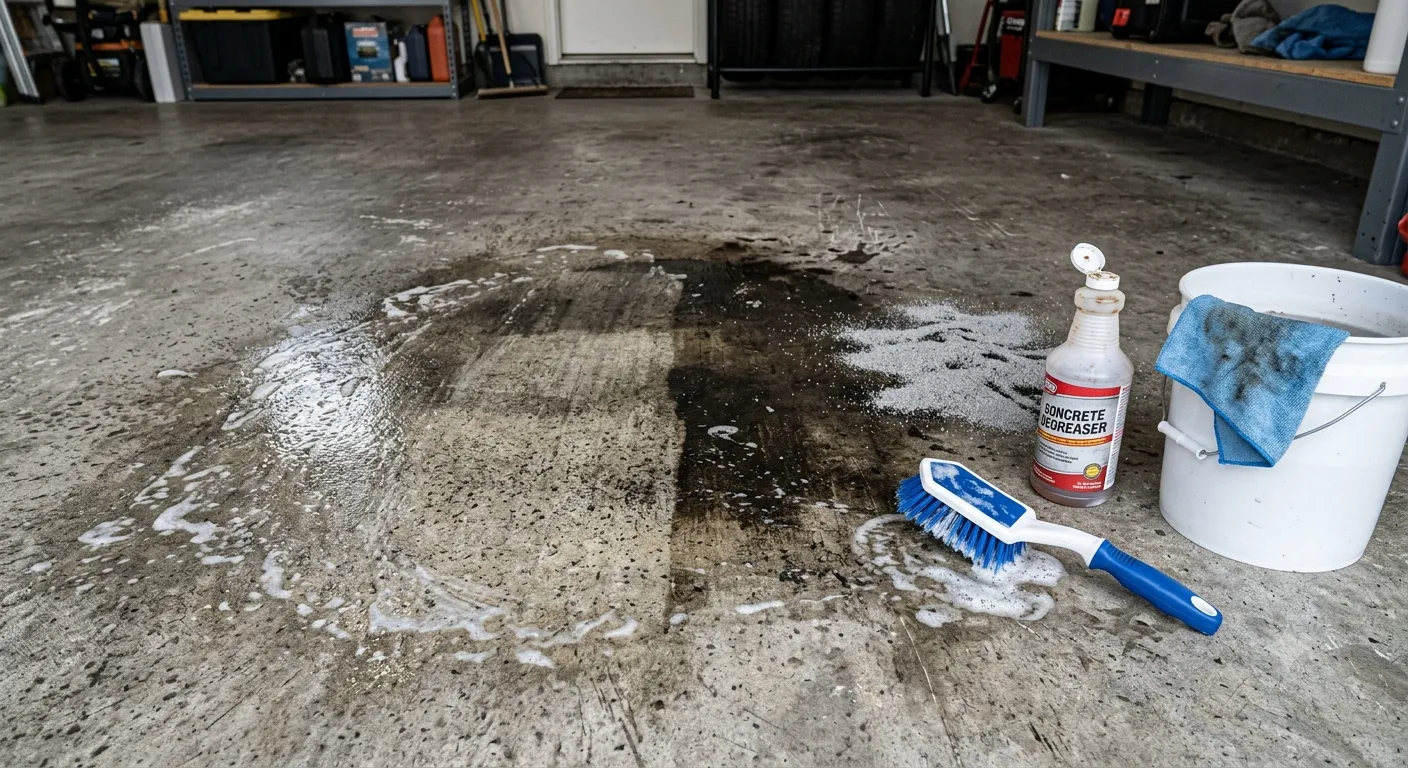 How to clean oil off a concrete garage floor using a concrete degreaser and scrub brush
