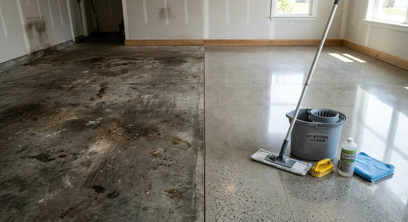 Before and after cleaning a stained concrete floor with professional concrete cleaning supplies