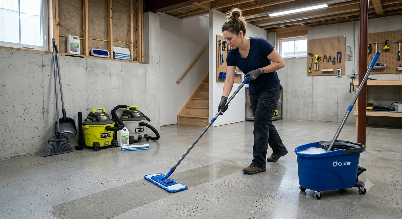Step-by-step process showing how to clean interior concrete floors with a pH-neutral cleaner and microfiber mop