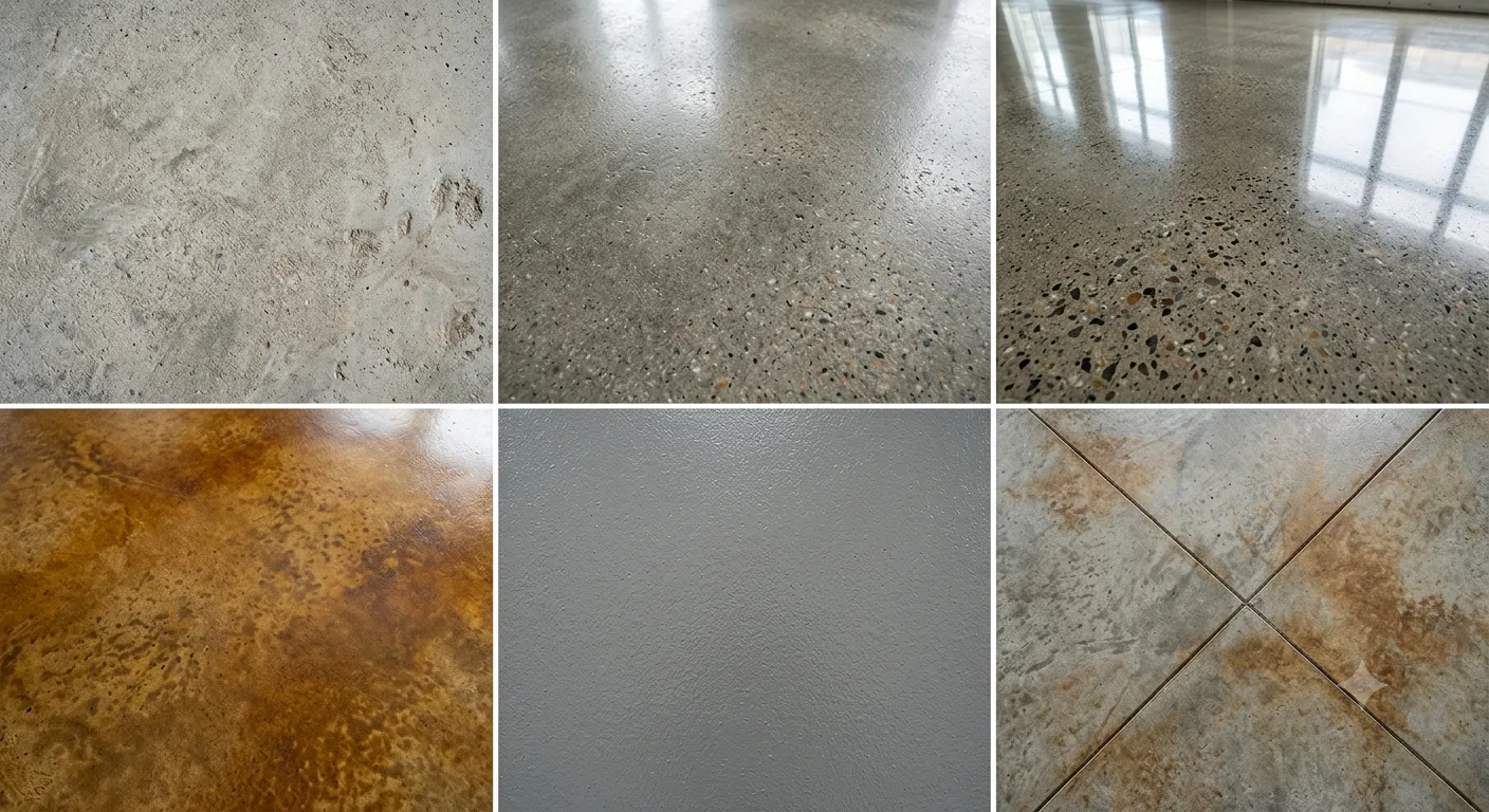Different types of concrete flooring including sealed, unsealed, polished, painted, stained, and scored concrete surfaces